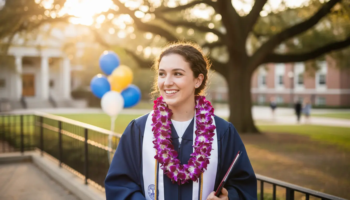 Smiling graduate wearing a fresh purple orchid lei during sunset in Los Angeles.