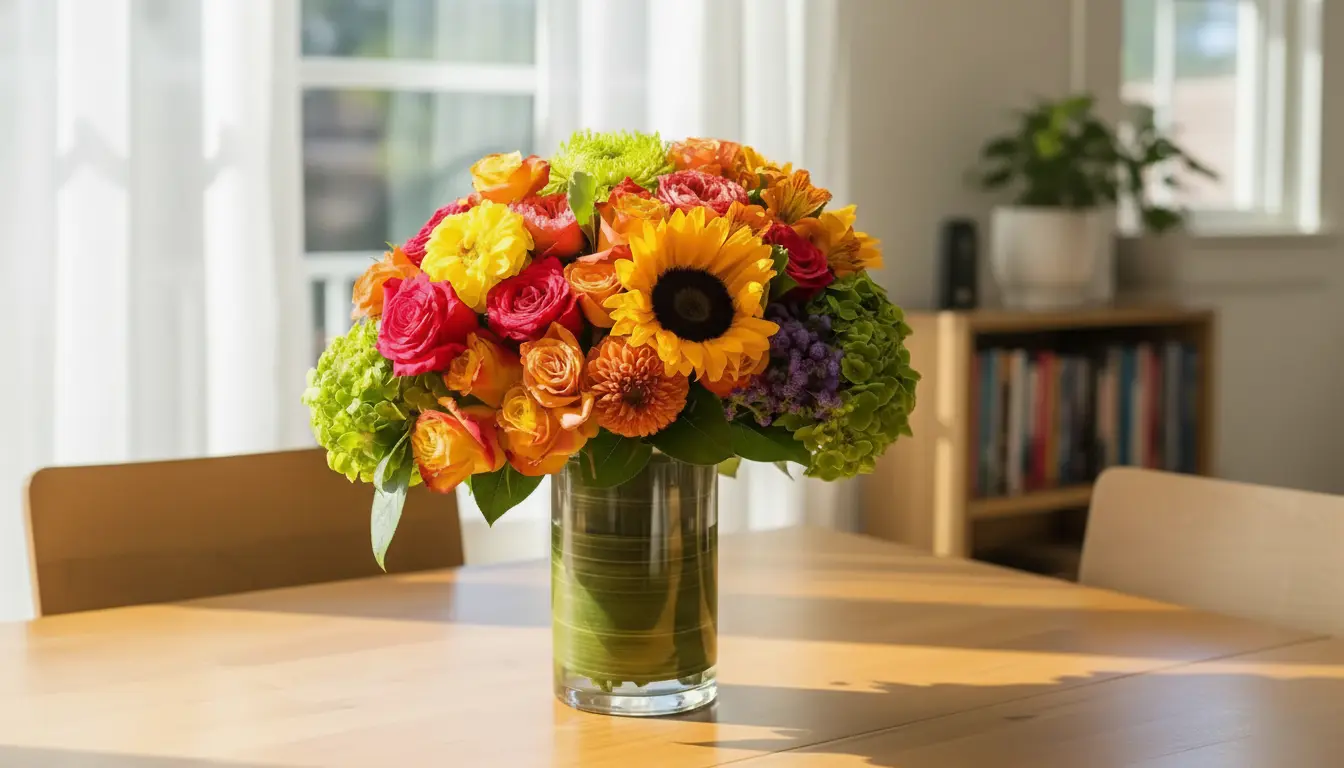 Vibrant birthday flower bouquet with sunflowers and roses on a sunny wooden table in a modern Los Angeles home.