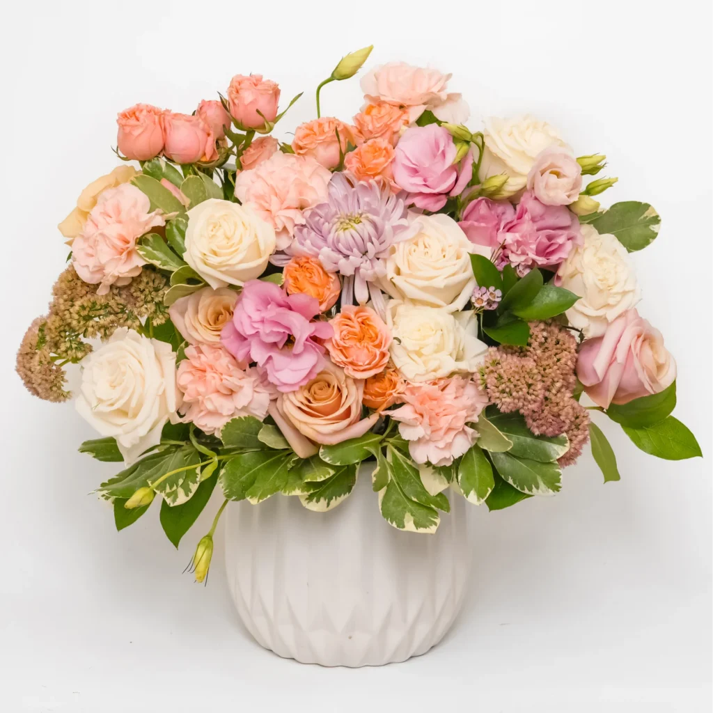 Deluxe Viennan Charm pastel flower arrangement with roses, carnations and mixed blooms in white vase – same day flower delivery Los Angeles California